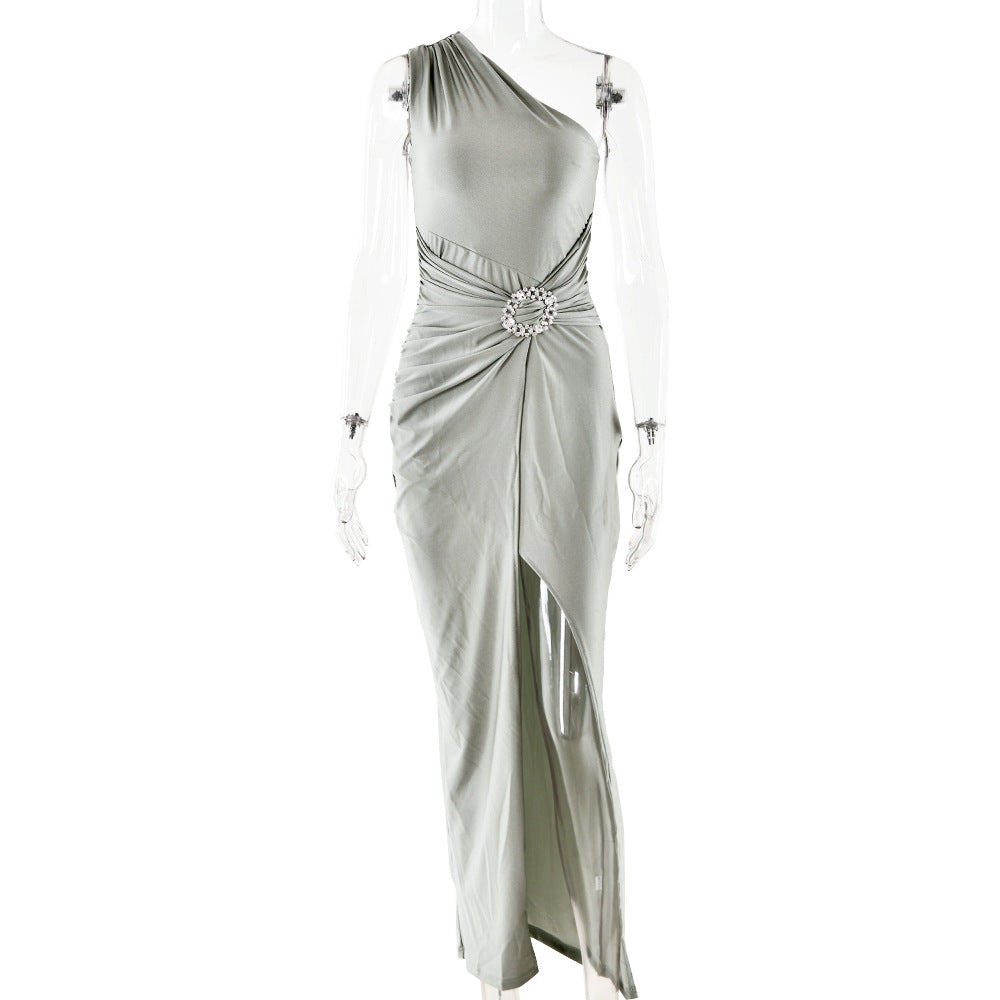 Summer Sexy Dress One Shoulder Sleeveless High Slit Slim Fit Maxi Dress Light Gray