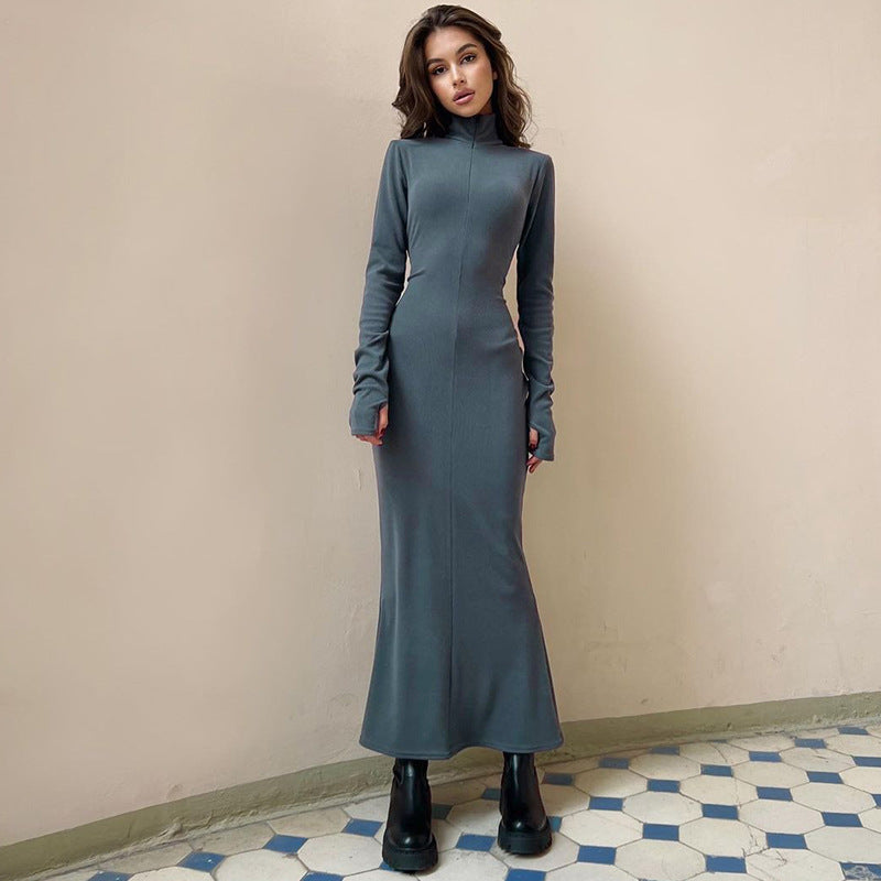 Women Wear Winter Fashionable Elegant Slim Fit Turtleneck Long Sleeve Solid Color Dress