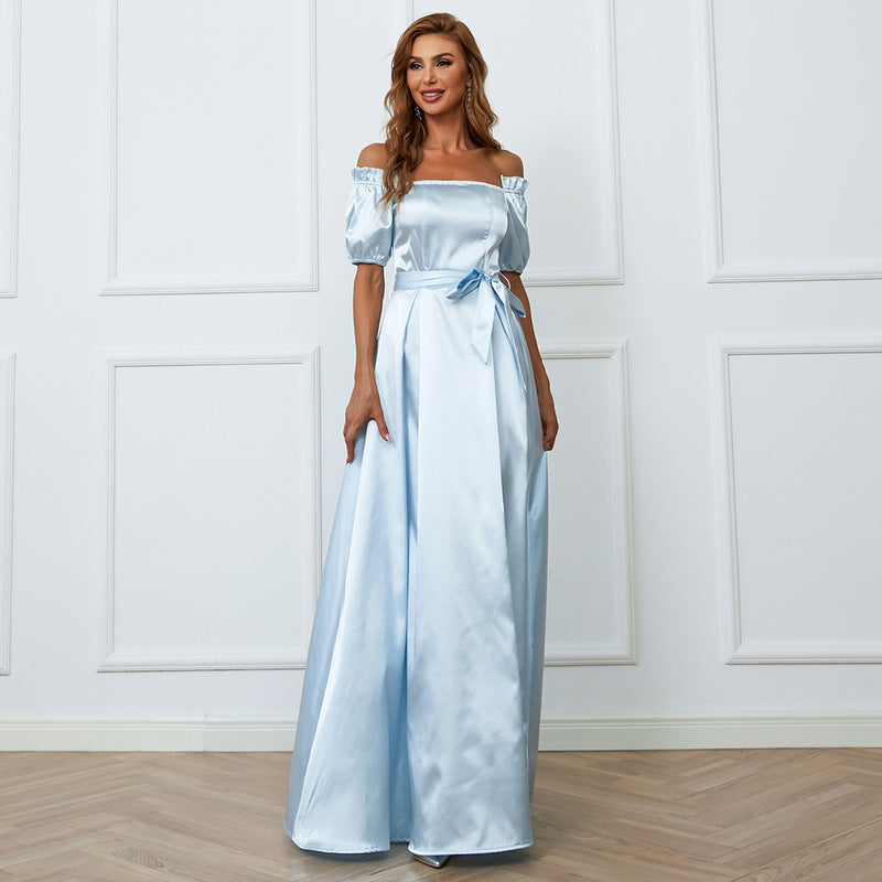 One-Neck Wedding Elegant High-End Mid-Length Wrapped Chest Evening Dress A- line Dress for Women Prom Formal Gown