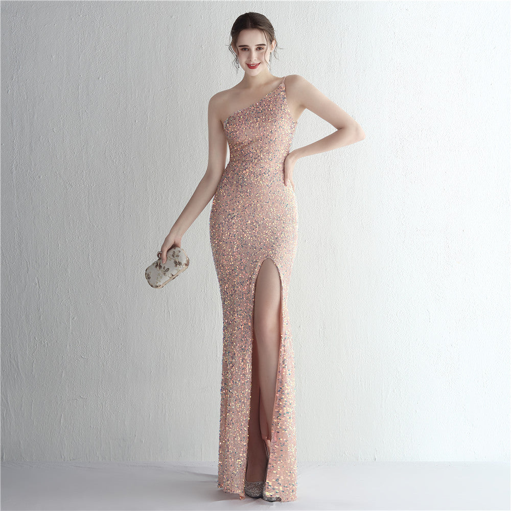 Handmade Sequin Single Shoulder Suspender Ladies Cocktail Split Long Sequined Aura Queen Dinner Fishtail Dress Pink