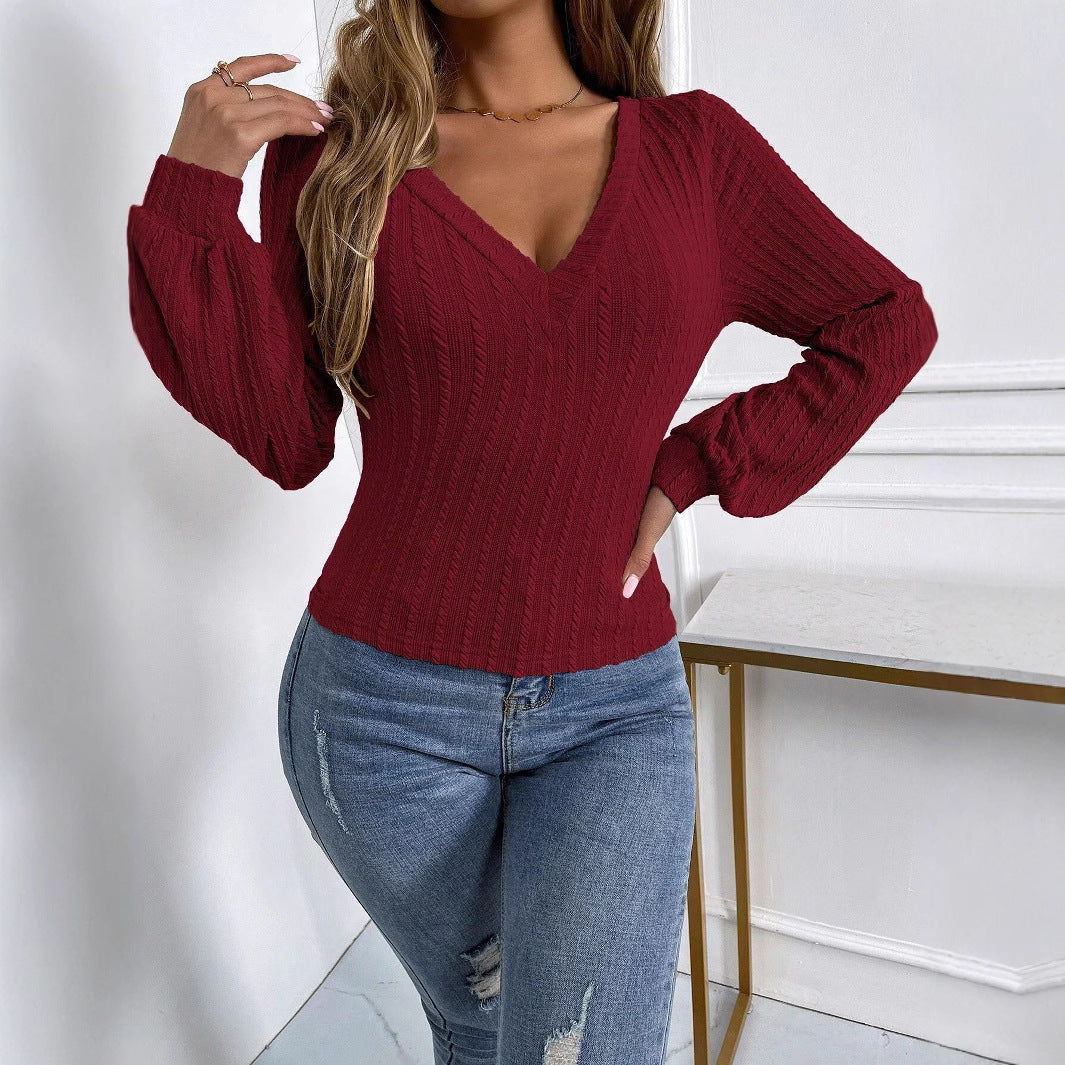 Autumn Winter Front Rear Large V neck Bottoming Top Lantern Sleeve Slim T shirt for Women