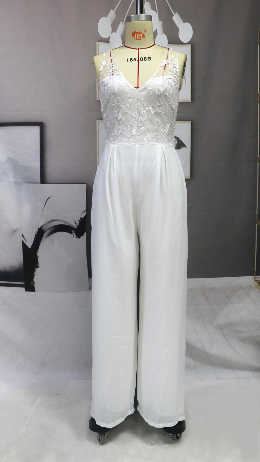 Jumpsuit Lace Chiffon Jumpsuit V neck Mid Waist White Trousers Wide Leg Pants White