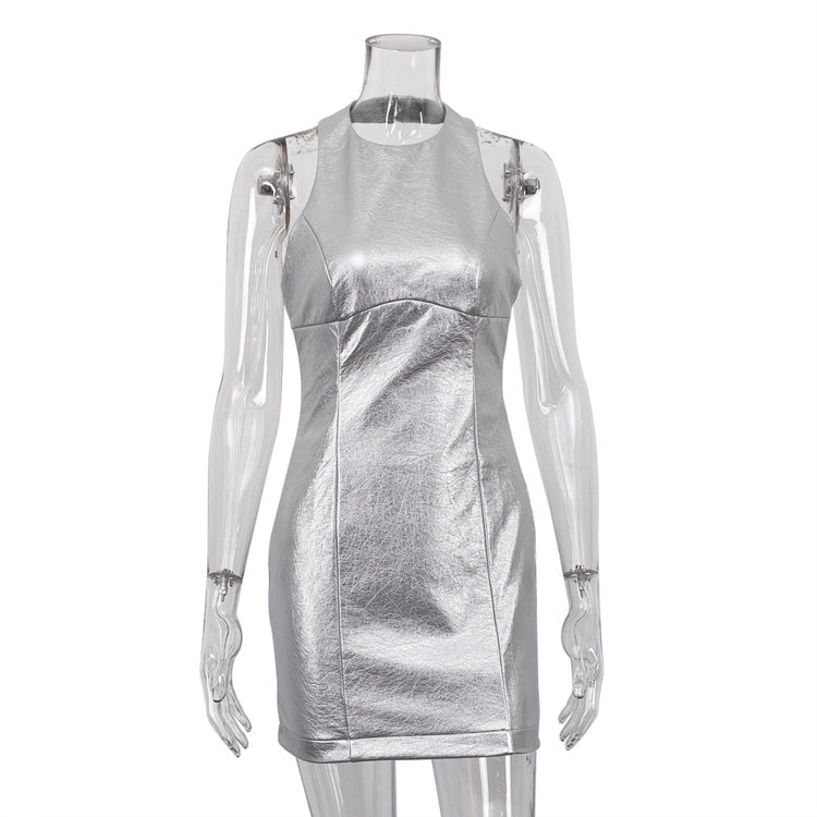 Summer Faux Leather Dress Women Silver Sexy Backless Hip Dress Silver