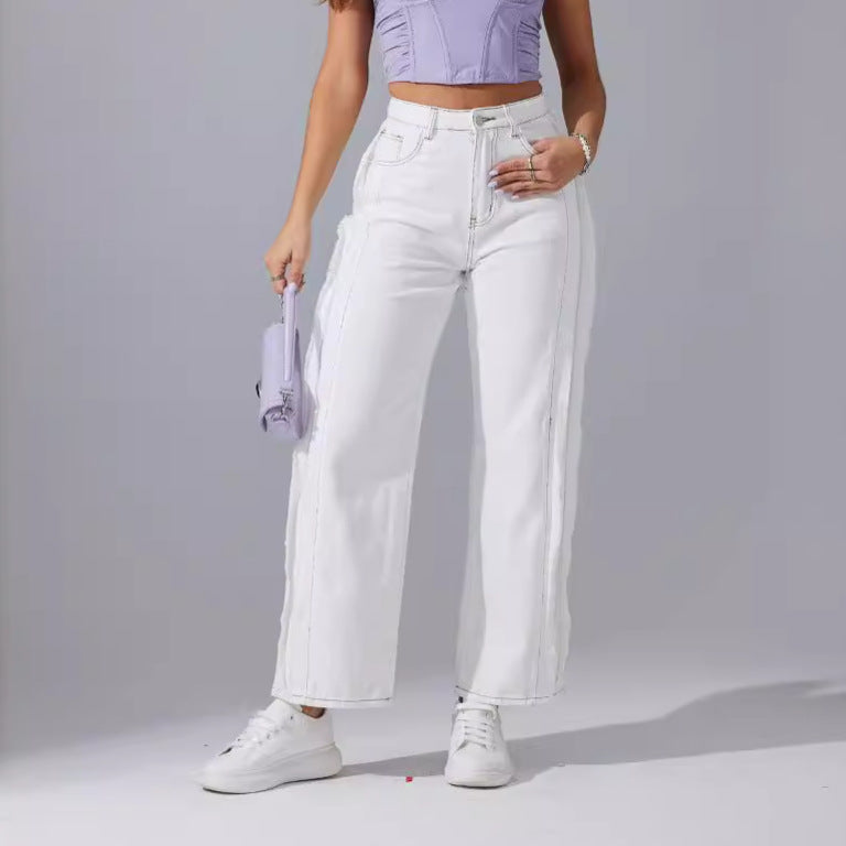 High Waist Raw Hem Straight White Jeans Spring Casual Office Loose Slimming Fashionable Design Pants