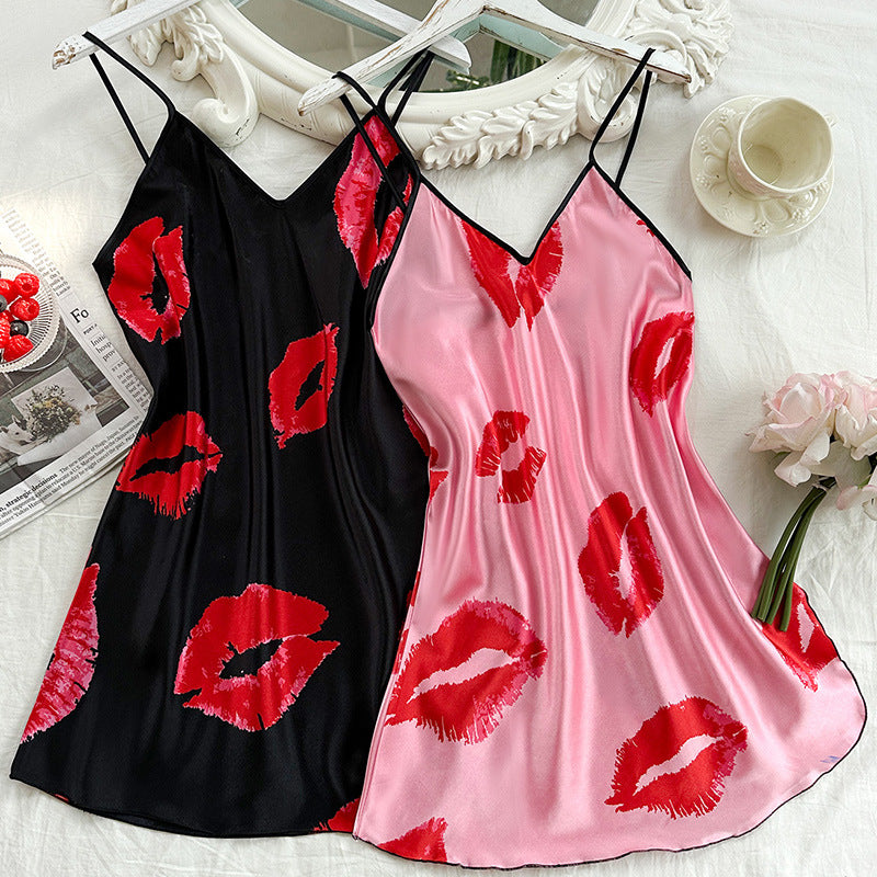 Short Dress Home Breathable Pajamas Nightdress Women Artificial Silk Sexy Red Lip Homewear Black Pink