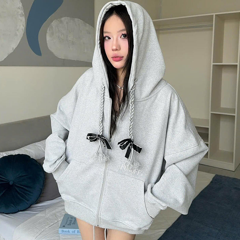 Simple Gray Twist Braid Drawstring Adjustable Hooded Sweater Girl Loose Zipper Coat