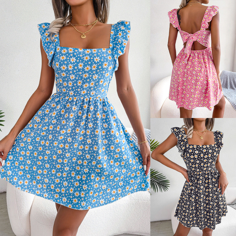 Spring Summer Backless Lace-up Daisy Print Casual Holiday Dress Women Clothing