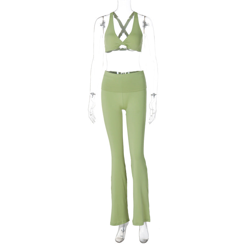 Women Clothing Spring Summer Sports Yoga Vest Slim Skinny Pants Suit Green