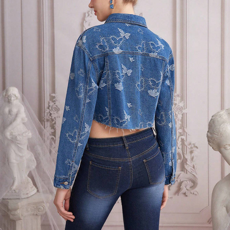 Spring Autumn Niche Jacquard Bow Denim Coat Women Sweet Cool Sexy Short Denim Jacket Casual