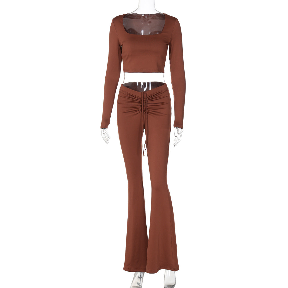 Winter Solid Color Long Sleeved Top Drawstring Ruffle Flared Pants Suit Women Brown