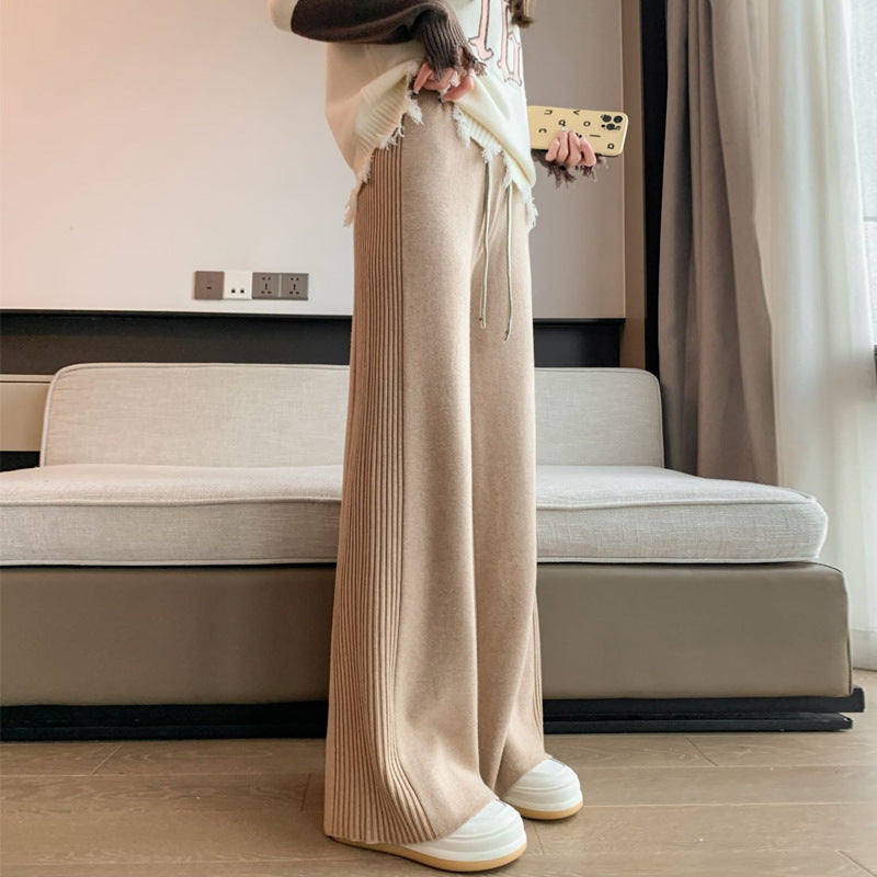 Knitted Wide Leg Pants Design Feeling Side Pleated Sunken Stripe Autumn Winter Thickening Loose Drooping Slimming Mopping Casual Pants for Women One Size Oatmeal Color