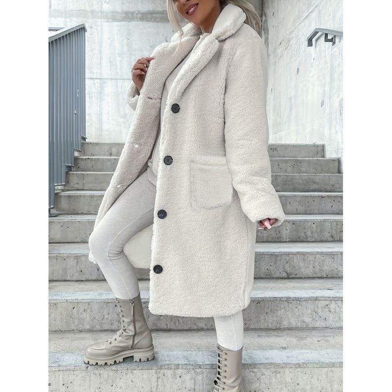 Autumn Winter Women Fur Collared Plush Coat Long Coat Apricot