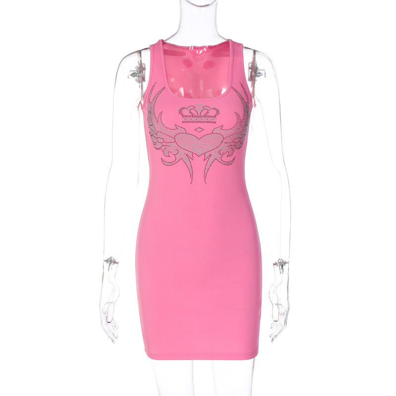 Women Clothing Autumn Rhinestone Slim Sleeveless Sheath Dress Women Pink