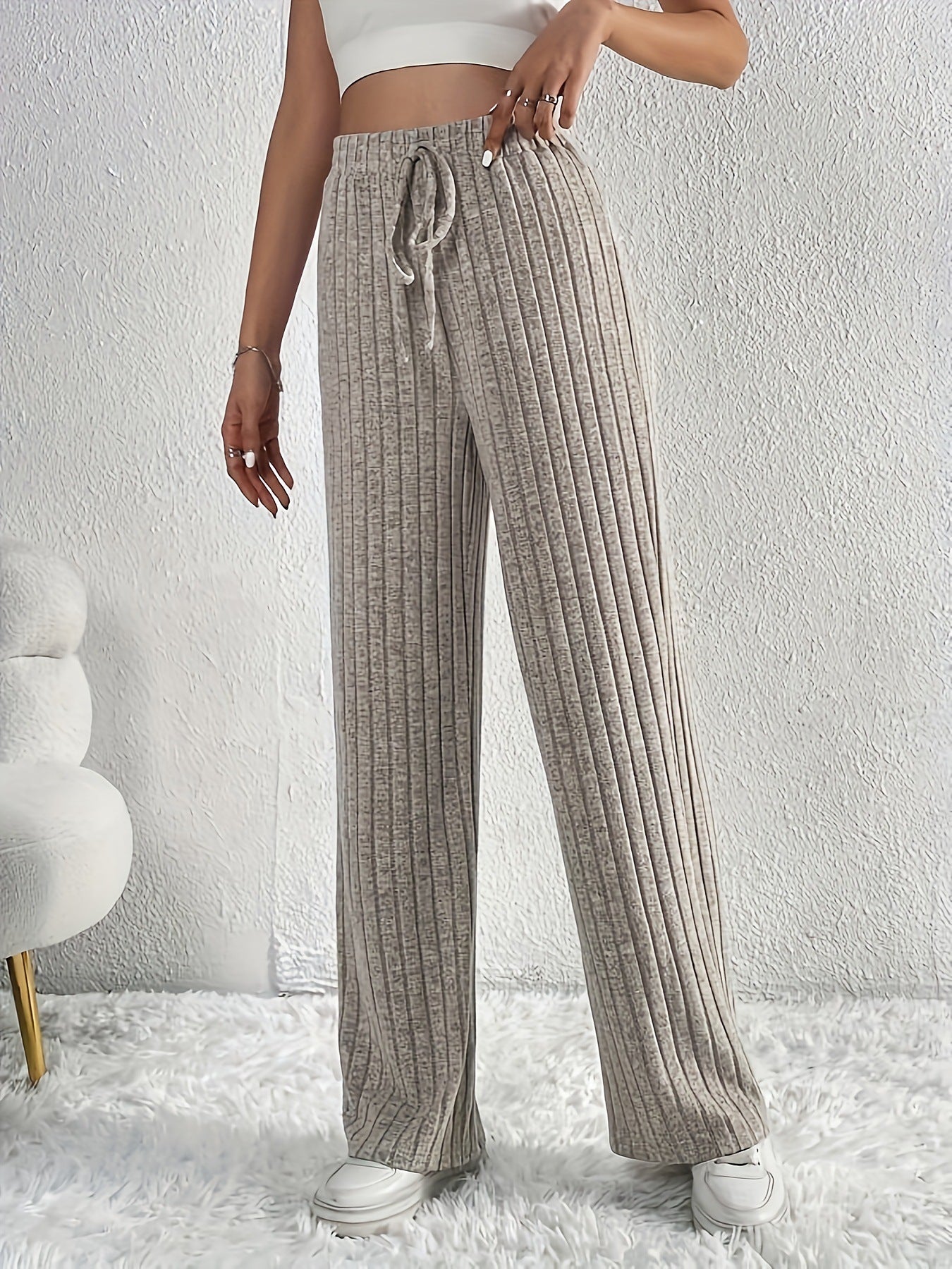 Women Casual Pants Loose Elastic Waist Sunken Stripe Rib Knitted Pants Draping Straight Leg Trousers Light Gray