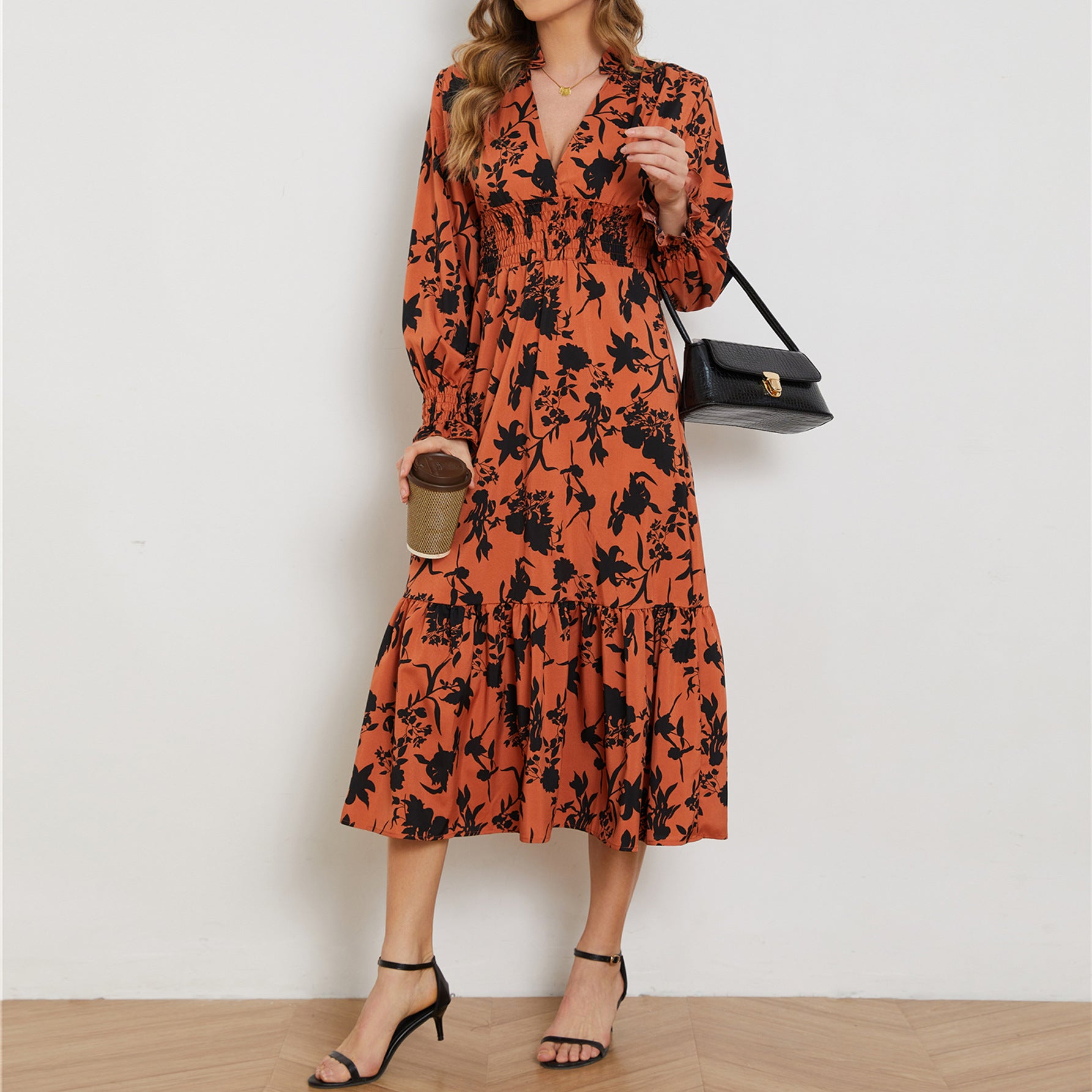 Dress Floral Print Ruffled Hem V Neck High Waist Dress