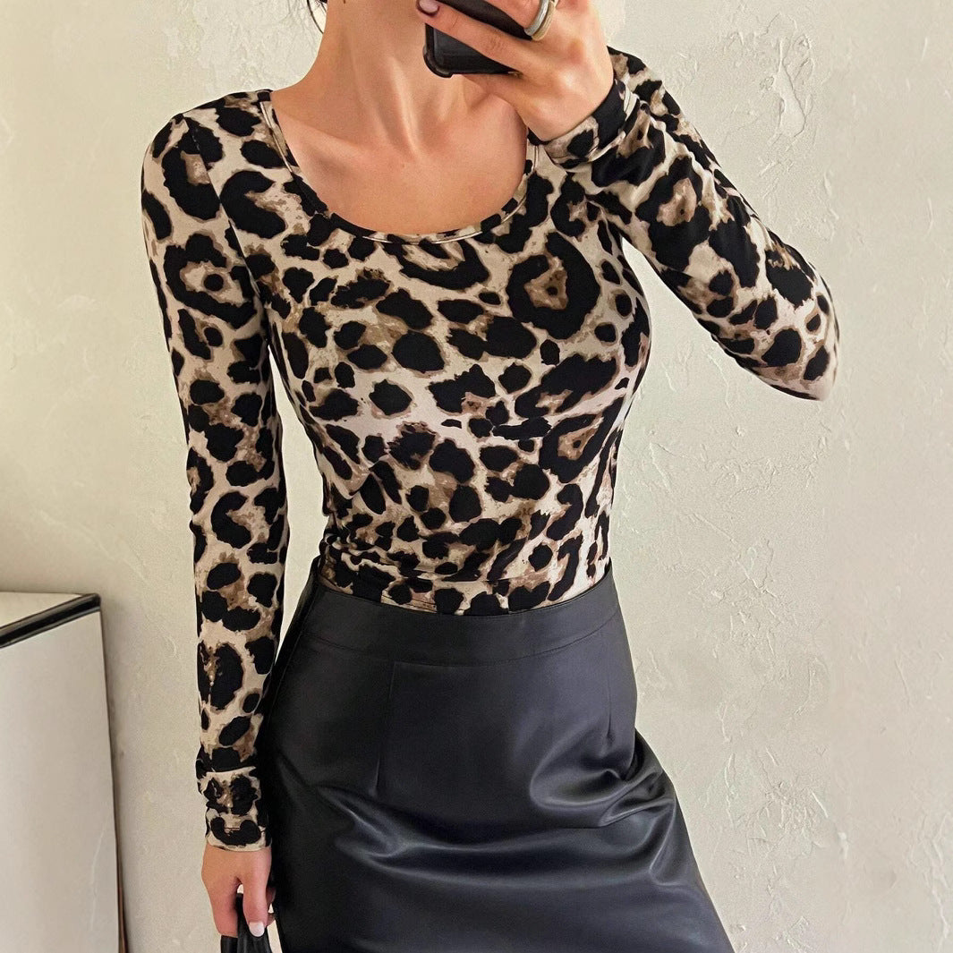 Spring Women Leopard Print Scoop Slim Fit Long Sleeved T shirt Top Women