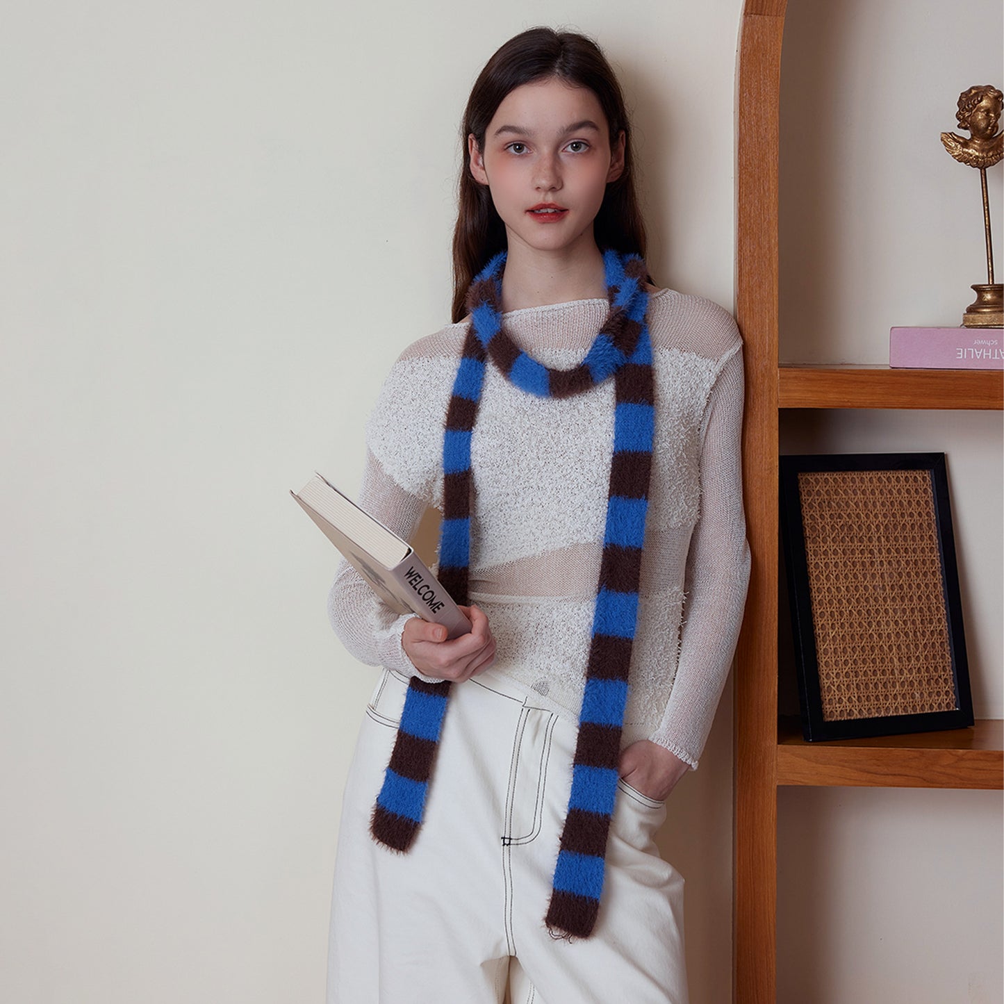 Thin Narrow Long Concave Shape Sausage Knitted Scarf Women Simple Wear Imitation Marten Striped Millennium Sexy Scarf One Size Blue Coffee Stitching