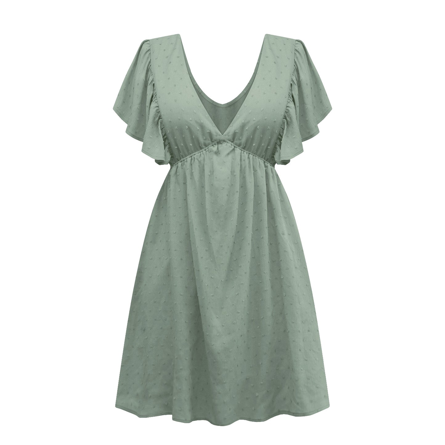 Summer Women Clothing Lotus Leaf Sleeve V-neck Backless T-shirt Dress Loose Casual Dress New M Light Green