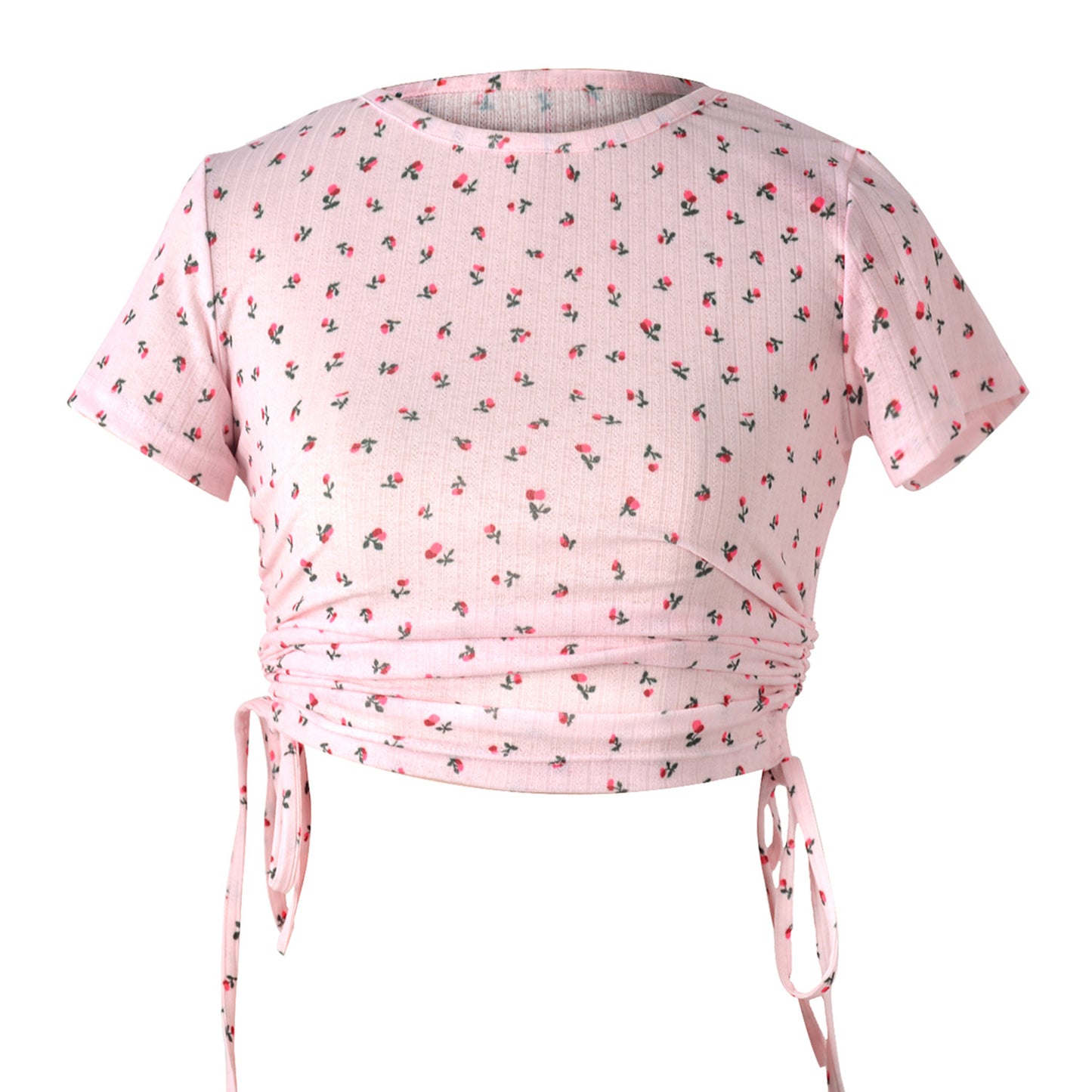 Printed Short-SleevedT-shirt Drawstring cropped round Neck Casual Top Pink Floral