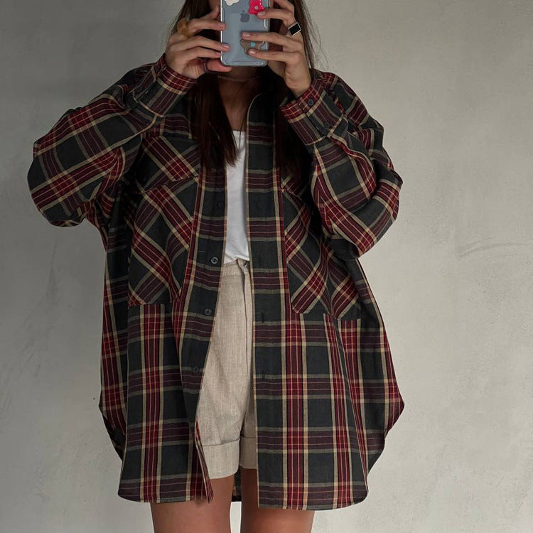 Women Clothing Autumn Retro Plaid Shirt Boyfriend Mid Length Loose Shacket