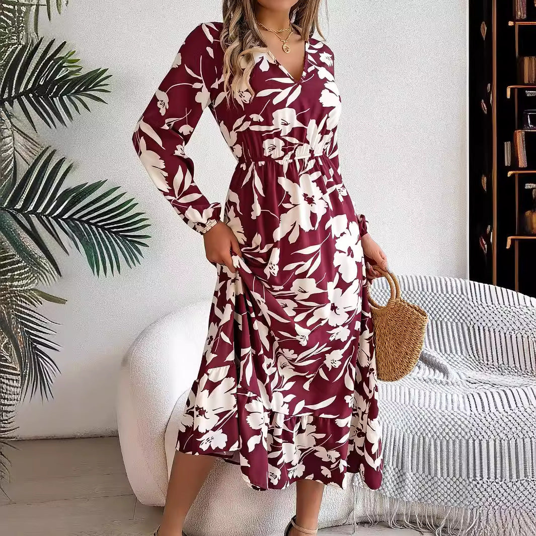 Real Shot Autumn Winter Casual Floral Waist Controlled Long Sleeves Ruffled Dress Women Clothing