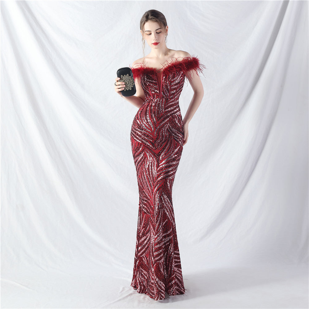 Court Boning Corset Waist Tight Vest Craft Order Ostrich Feather High End Sequined Evening Dress Burgundy