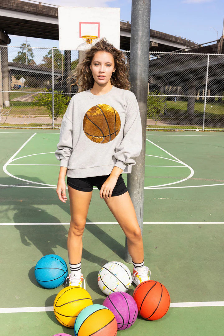 Spring Basketball Sequined Casual Top Long Sleeve Loose Sweatshirt Gray Adult