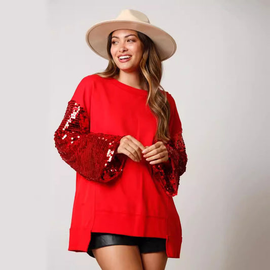 Autumn Winter Christmas Sequined Sleeve Top Stitching Long Sleeve Trendy Sweater Women