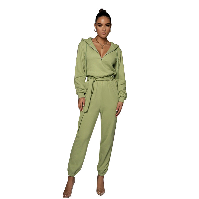 Autumn Winter Slim Fit Long Sleeve Solid Color Hooded Half Open Collar Urban Casual Women Jumpsuit Green