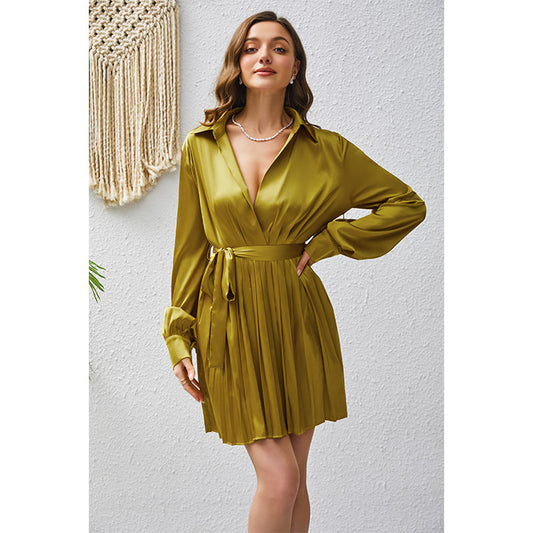 Women Clothing Elegant Tied Long Sleeve Shirt Dress V Neck Cinched Short Dress