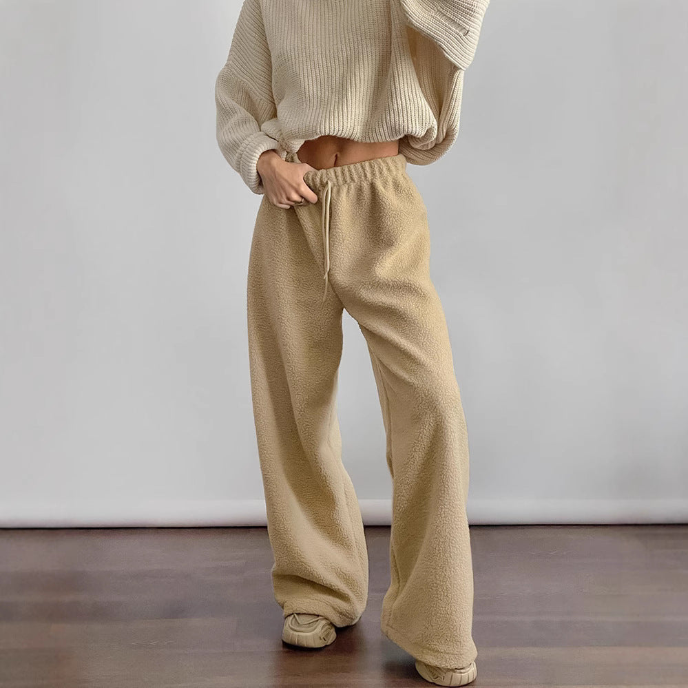 Autumn Winter Warm Thick Polar Fleece Casual Trousers Lace up Loose Mid Waist Wide Leg Pants for Women