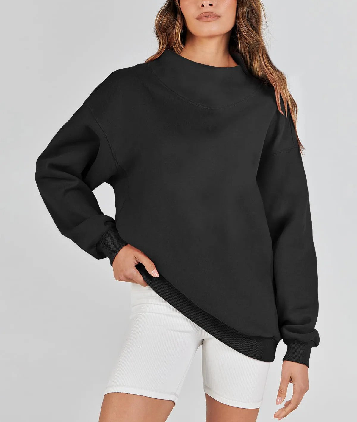 Autumn Winter Women Solid Color Stand Collar Sports Sweater Black