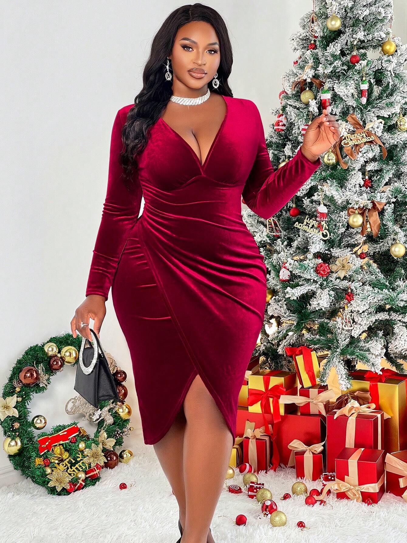 Autumn Winter International Station Women Clothing Sexy Socialite Dress V neck Wine Red Midi Dress Burgundy