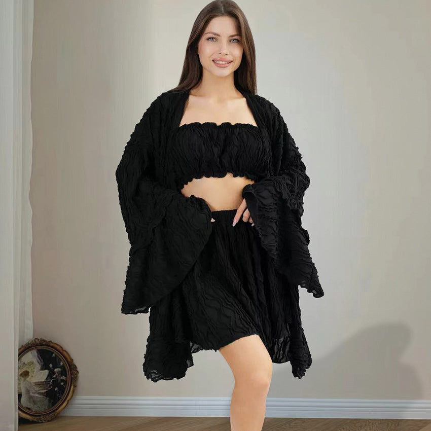 Ruffled Long Sleeve Nightgown Striped Tube Top Shorts Three Piece Pajamas Fall Home Wear Women