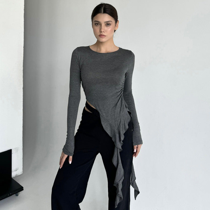 Round Neck Long Sleeve with Ruffles Slim Fit Top Women Clothing Gray