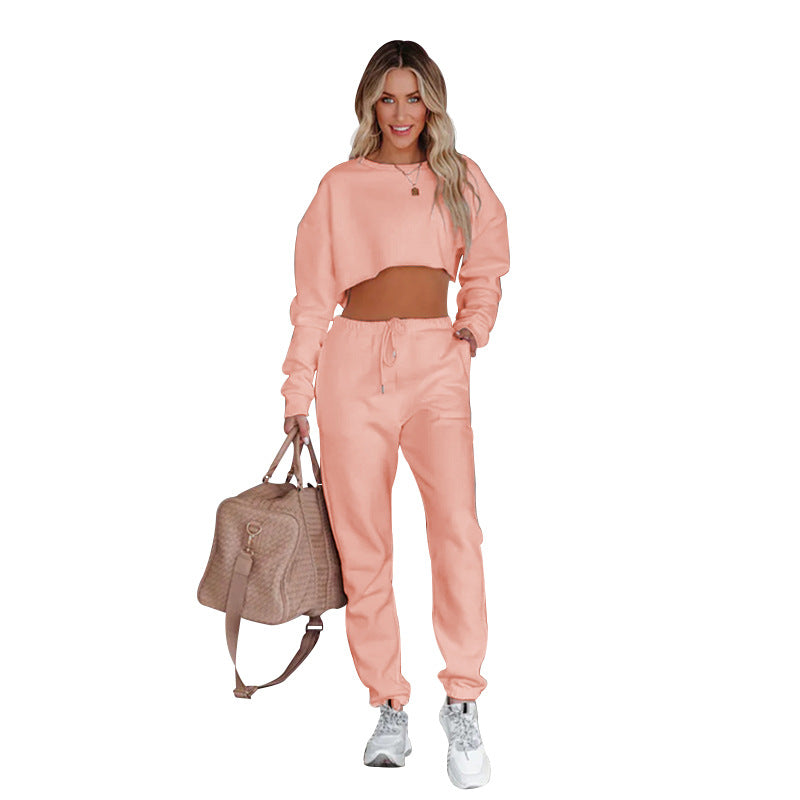 Autumn Winter Solid Color Round Neck Pullover Cropped Long Sleeve Sweaters Women's Clothing Casual Drawstring Trousers Suit Pink