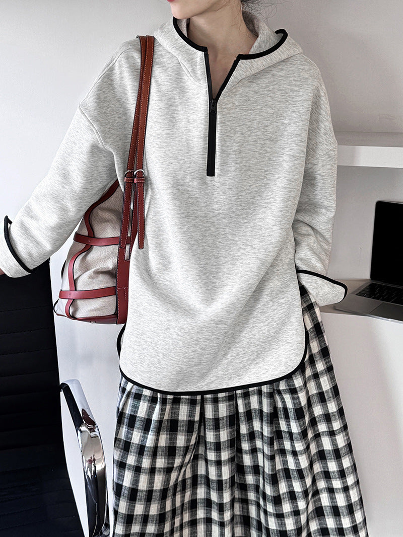 Contrast Color Binding Hooded Sweater Early Spring Korean Design Half Zipper Top Gray