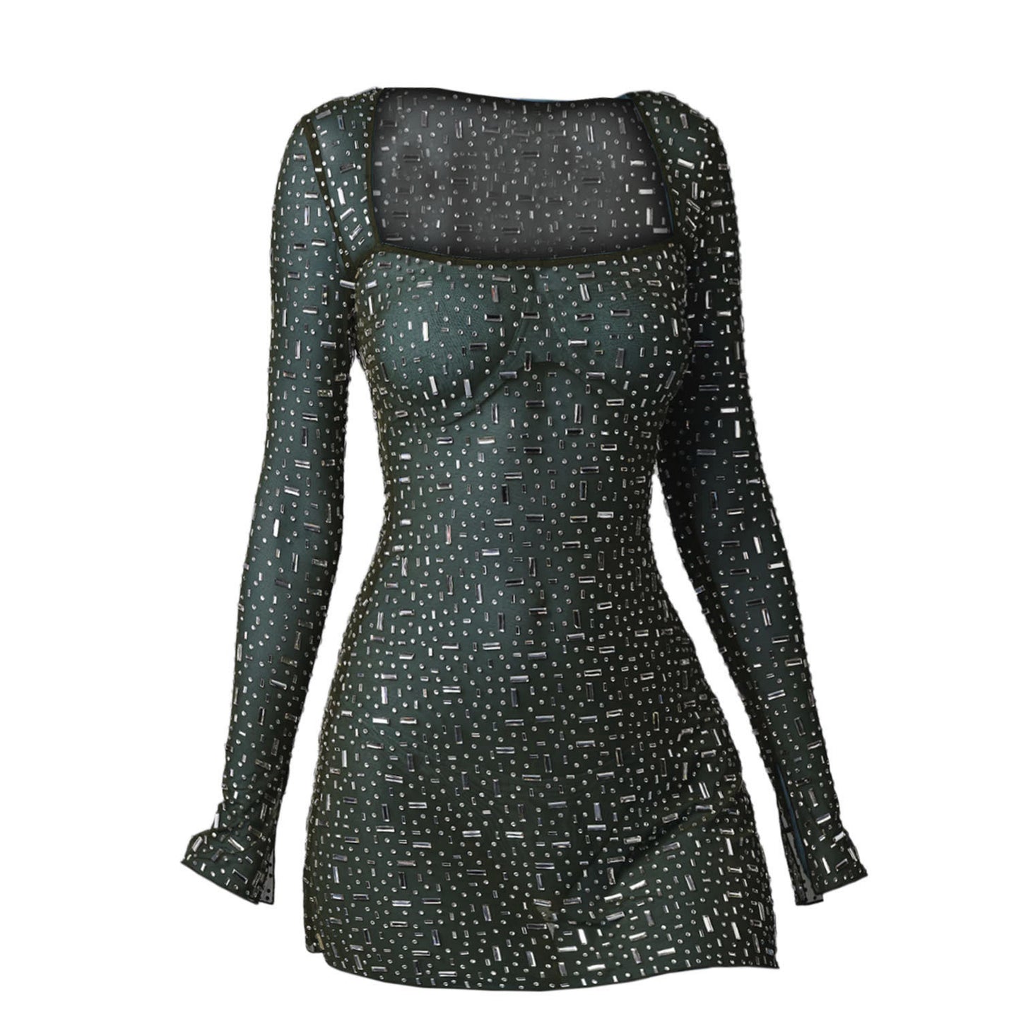 Best Women Clothes Sequined Rhinestone Sexy Semi See through Long Sleeve Short Dress Green