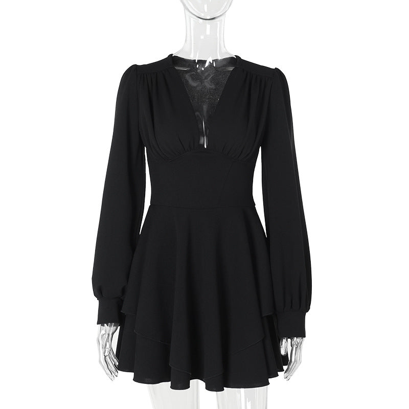 Fall Type Hip Dress Elegant Slim V neck Pleated Dress Women Black