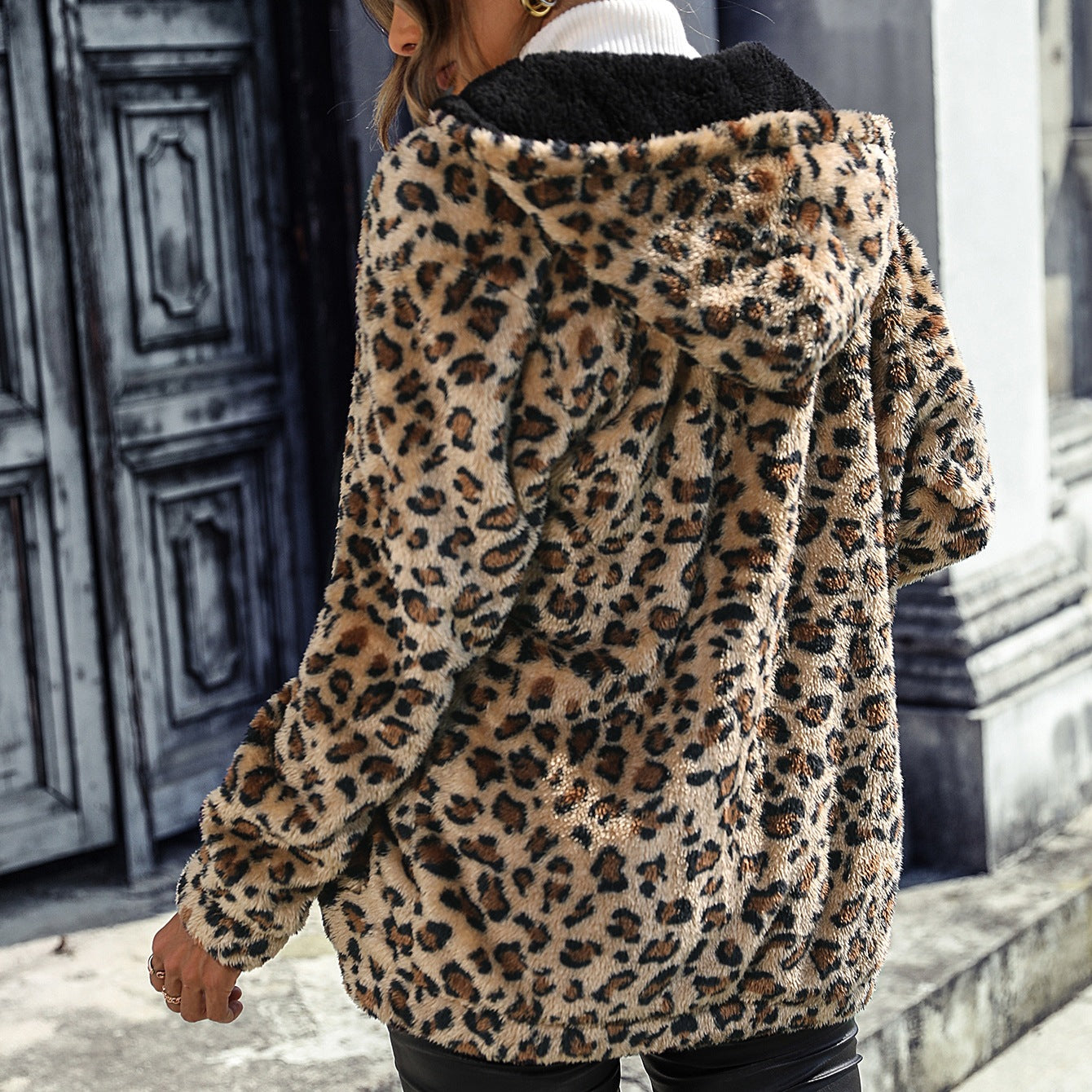 Autumn Winter Women Hooded Long Sleeve Leopard Print Mid Length Plush Loose Casual Jacket