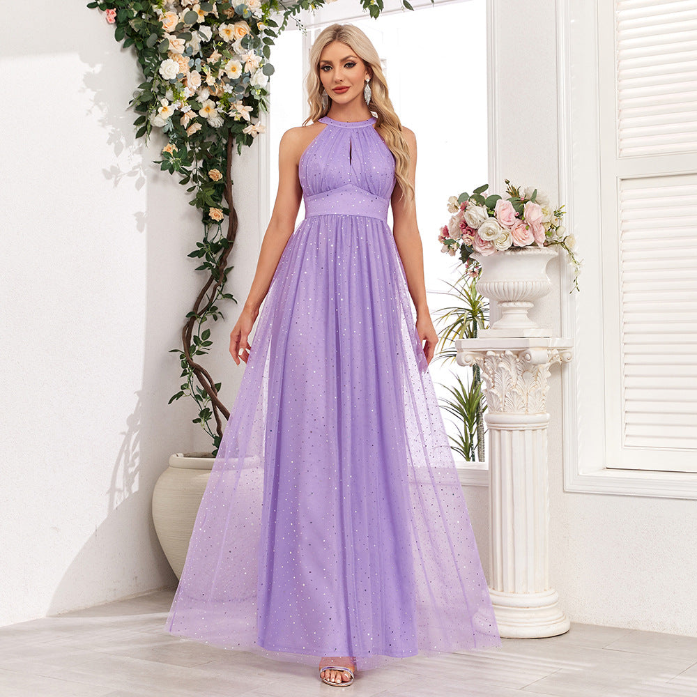 Shiny Sleeveless Halter Back Lace Up Bow Mesh Evening Dress Back Zipper Large A Swing Party Long Violet