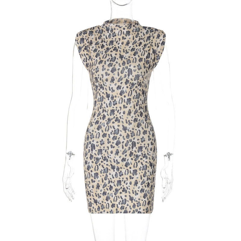 Dress Summer Printed Slim round Neck Sleeveless Hip Dress Leopard