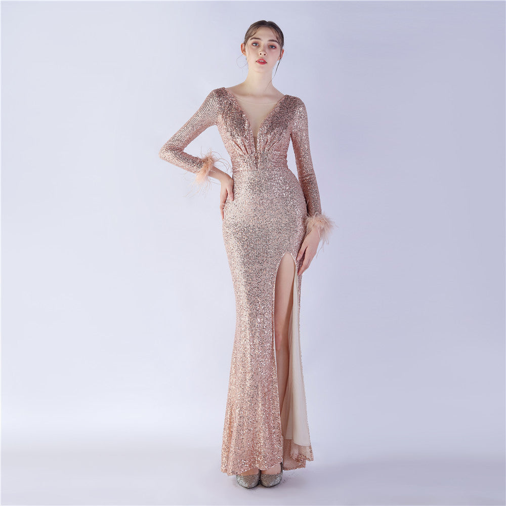 Craft Order Ostrich Feather High End Long Sleeve Sequin Evening Dress Gold