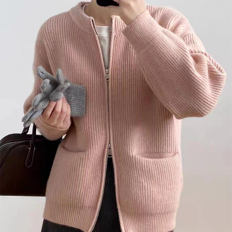 Retro Solid Color Idle Sense Sunken Stripe Double Zipper Knitted Cardigan Women Loose Soft Glutinous Dinified Sweater Coat One Size Pink