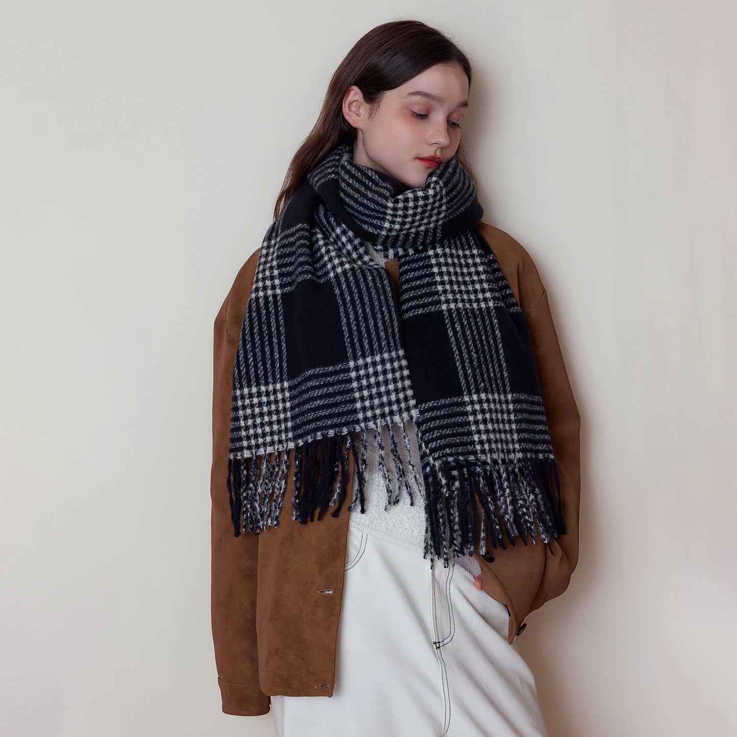 Simple Double Sided Line Grid Soft Scarf Outer Wear Cold Protection in Winter Talma Dual-Use Warm Cashmere Scarf One Size Multi