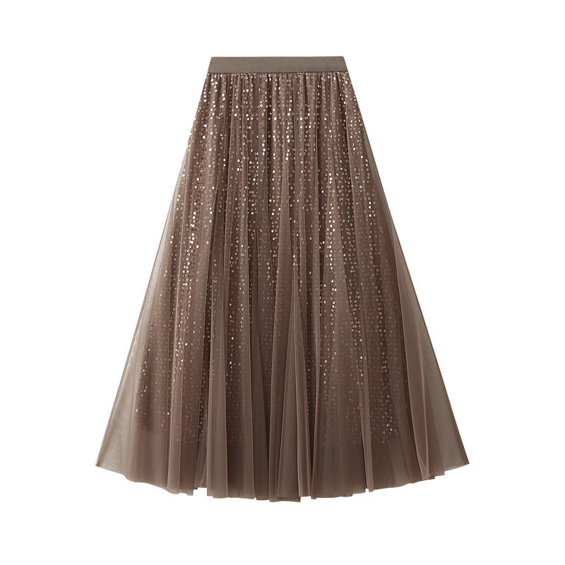 High Grade Sequin Gauze Skirt Women Draping Super Fairy Gauze Skirt Covering Large Swing A line Long Skirt One Size Khaki