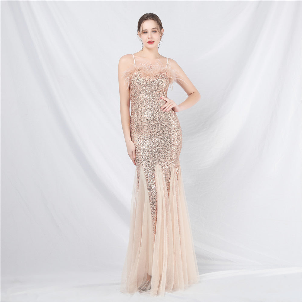 Craft Order Ostrich Feather Mesh Sequined Long Evening Dress