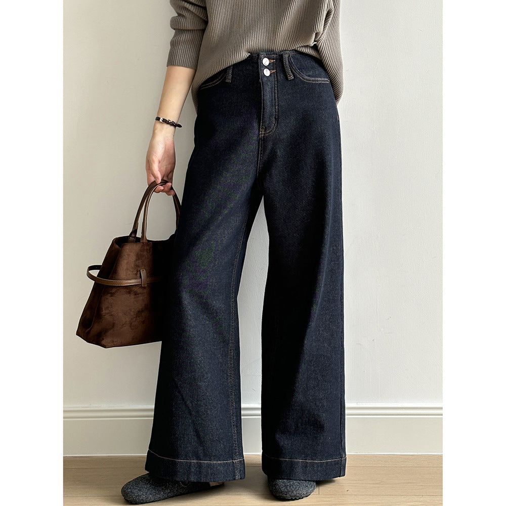 Retro High Waist Wide Leg Jeans Winter Loose Straight Warm Long Pants