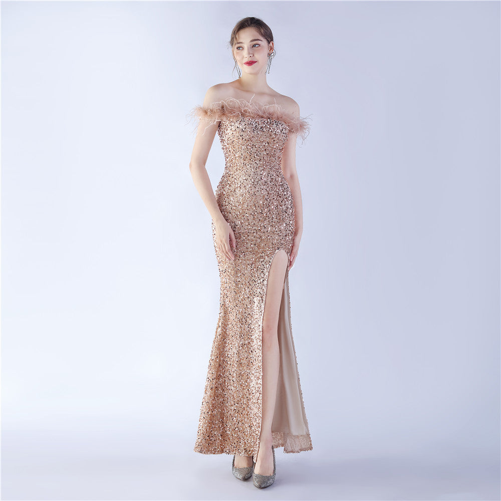 Velvet Bottom Sequin Craft Order Ostrich Hair off-Shoulder High End Evening Dress