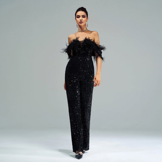 Women Clothing High End Sexy Long off Neck Sequined Cocktail Jumpsuit Evening Dress Bridesmaid Dress